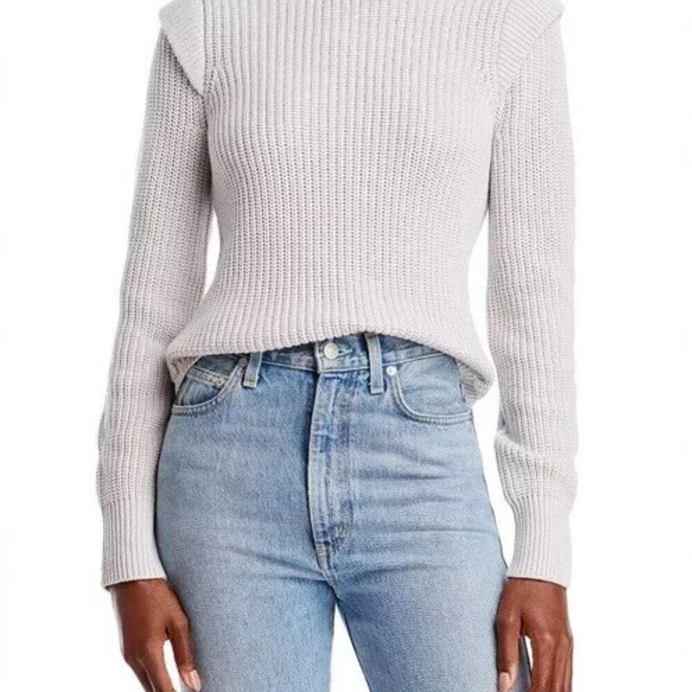 AQUA Knitted Ribbed Cotton Grey Epaulet Sweater In Cream/Gray Color Size Small